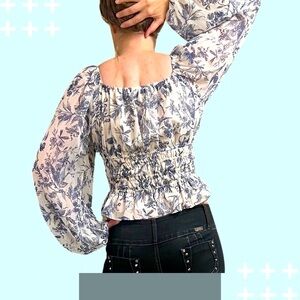 Coastal breezy Gray and blue Smocked Coastal Peplum Blouse with Bishop Sleeves